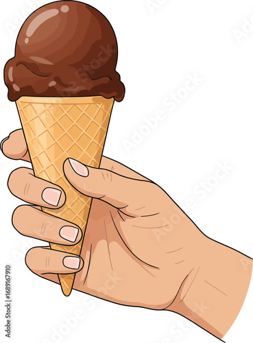 Illustration of a hand holding a cone of chocolate ice cream, isolated on white background