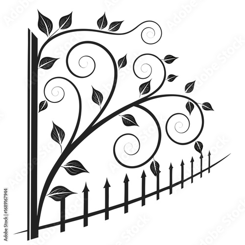 Elegant black vine with swirling tendrils and leaves grows over a stylized picket fence creating a decorative border element