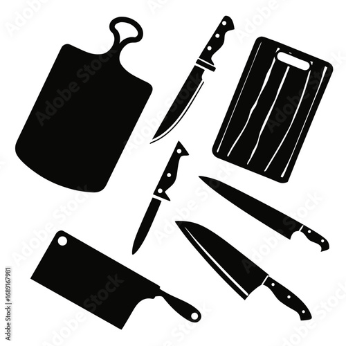 A collection of black silhouettes of various kitchen knives and cutting boards arranged in a scattered pattern on a white background suggesting food preparation and culinary tools