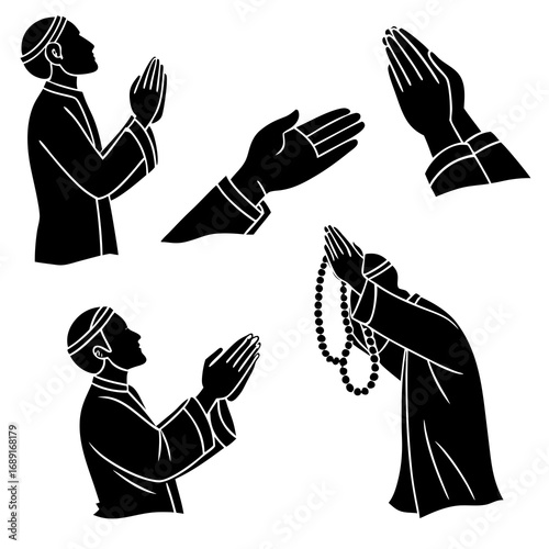 Collection of black silhouette illustrations depicting men praying with hands clasped and one man holding prayer beads representing islamic devotion and spiritual practice