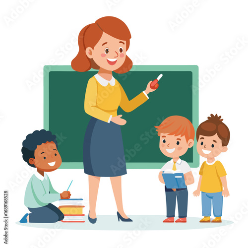 Teacher instructing smiling children at a chalkboard illustration