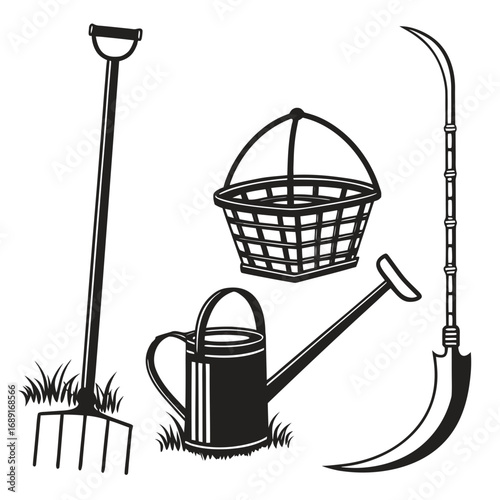 Collection of classic garden tools including a pitchfork watering can basket and scythe presented in a clean black and white vector illustration style on a white background