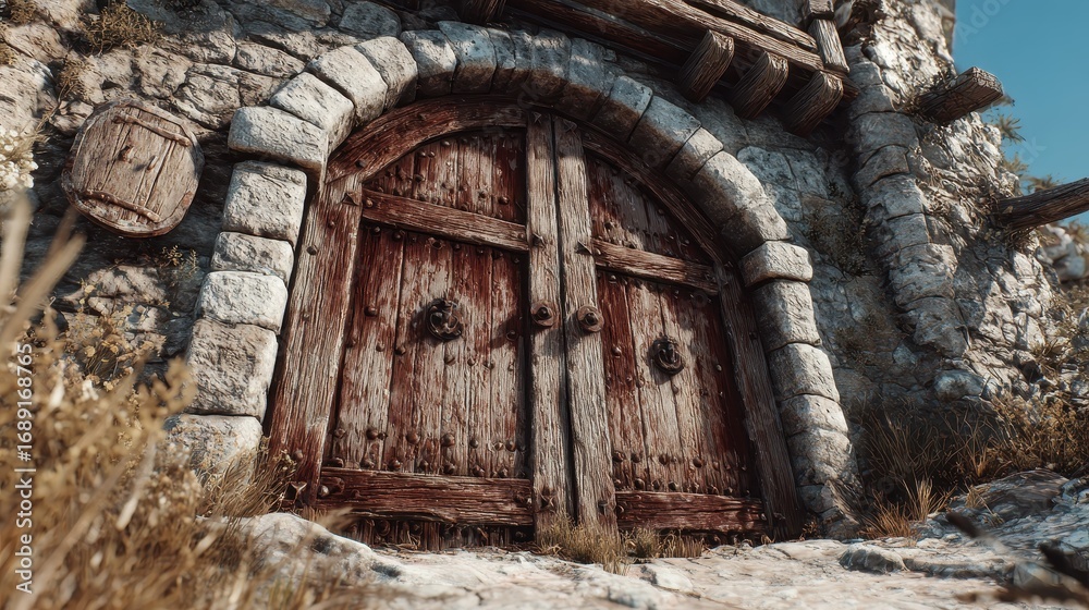 Fototapeta premium Medieval castle gate battered shields lying abandoned nearby scorched wooden doors aftermath of siege cinematic historical realism