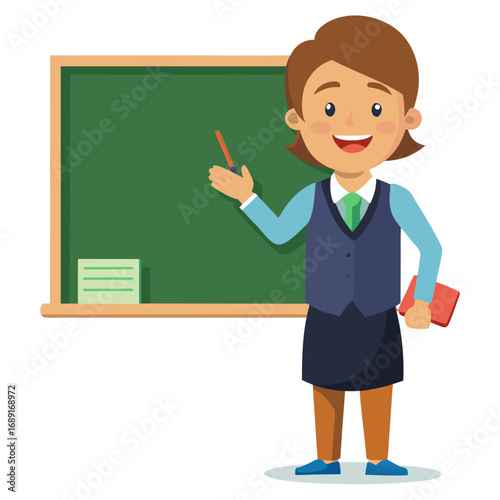 Happy teacher with chalk smiling at a classroom of students