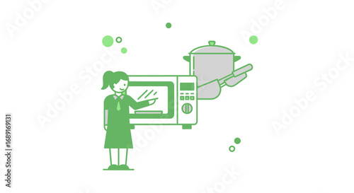 Illustration of a woman using microwave and a pot in kitchen for cooking food preparation