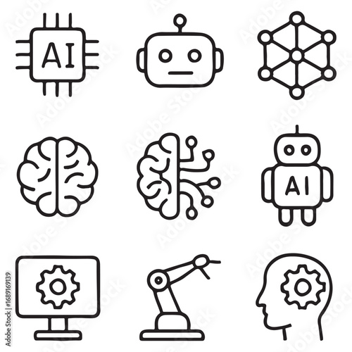 Artificial Intelligence web icons in line style. Innovation technology, machine, robot, bot, brain vector