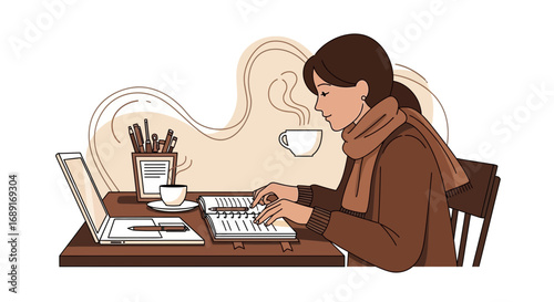 Illustration of a woman working at a desk with a laptop, notebook and coffee cup in a cozy setting