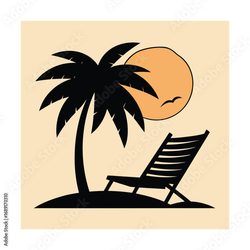 Tropical Beach Scene Silhouette with Palm Tree and Sun