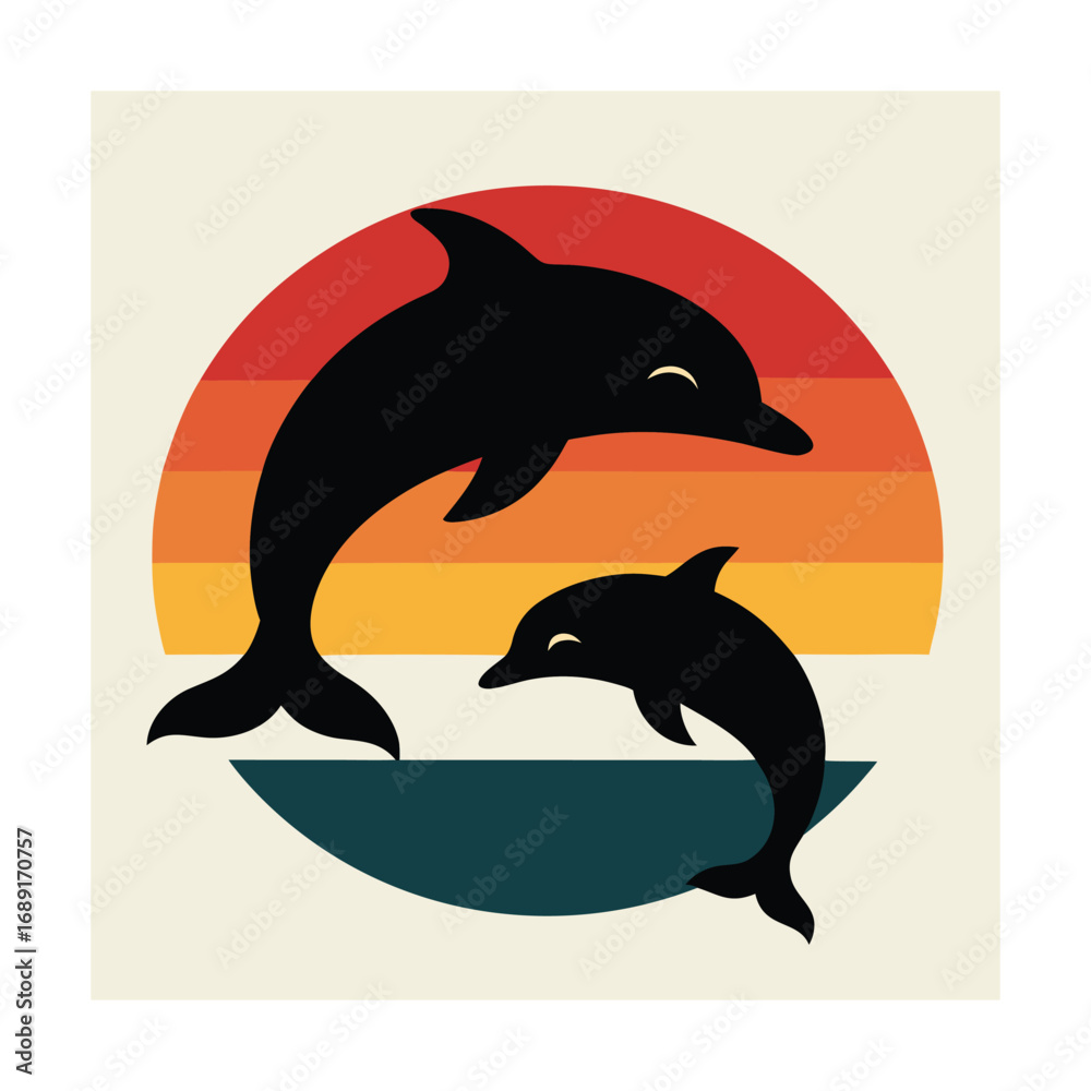 Fototapeta premium Two Black Dolphins Jumping Against Retro Sunset marine mammal