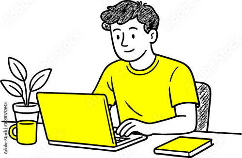 Work at home concept design.hand drawn style  Flat vector design. Freelance  Remote working working on laptop at house
