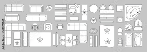 Floor Plan Icon Set – Top View Architectural House Layout Including Kitchen, Bedroom, Bathroom, Living Room, Furniture Symbols for Interior Design and Construction. Top line view.