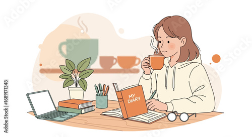 Illustration of a young woman drinking coffee and writing in her diary at home