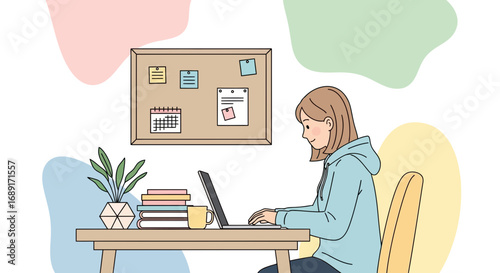 Illustration of a young woman working from home on her laptop with a desk setup featuring plants