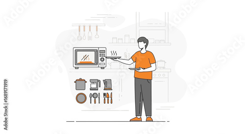 Illustration showcasing a person in a kitchen preparing food with various appliances and utensils