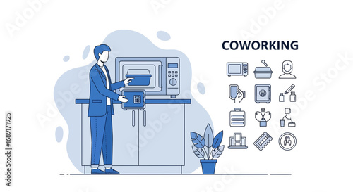 Illustration showcasing a person using a microwave in a shared coworking space kitchen setting