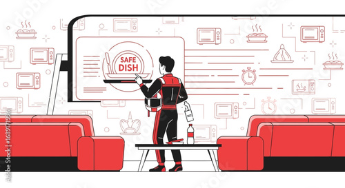 Illustration showcasing a safe dish application with modern interface and food elements background