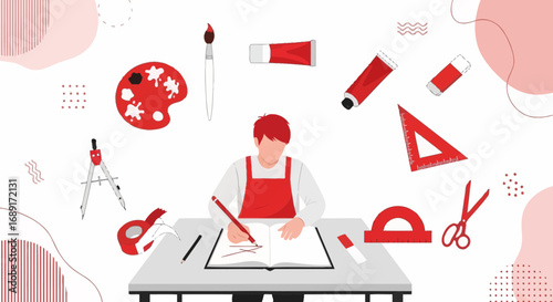 Illustrative artist creating artwork with tools and equipment in a studio setting full of creativity