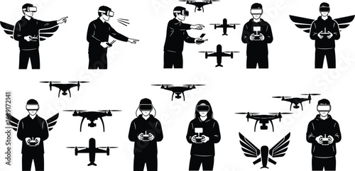 Drone pilot with VR headset, flying drone, remote control, drone technology, virtual reality, drone operator, UAV, aerial drone flying