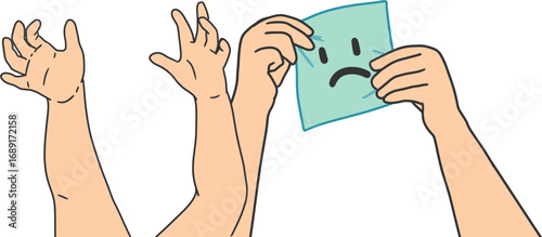 Infant Reaching and Holding Sad Paper Cartoon Hands. Ideal for use in parenting blogs, mental health content, child development illustrations, and emotional expression designs