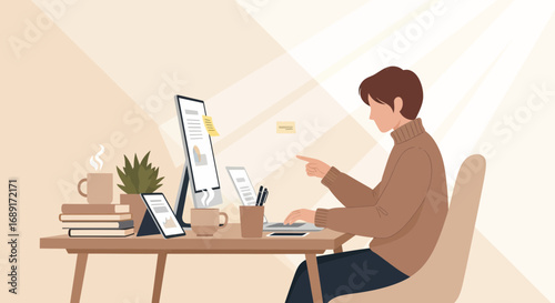 Illustrative depiction of a man working remotely from home on his computer setup