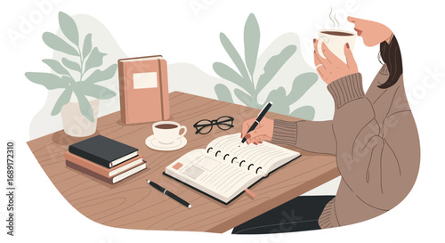Illustrative depiction of a woman journaling with coffee in cozy home environment scene