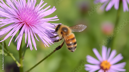 The European honey bee (Apis mellifera) pollinating of The Aster (Symphyotrichum dumosum). Very important insect for agriculture.