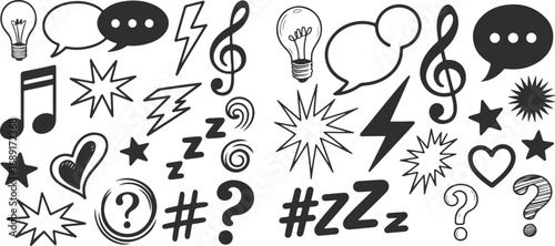 Doodle Vector Set with Speech Bubbles, Music Notes, and Lightning Bolts