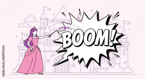 Illustrative scene of a princess with wand, castle, and speech bubble exclaiming boom