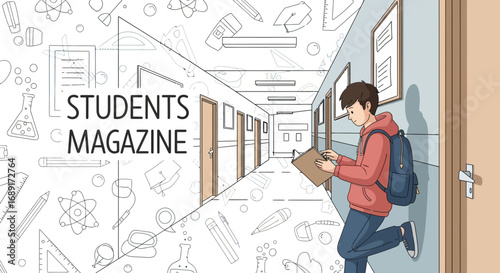 Illustrative student reading magazine in school hallway a blend of education and youth culture