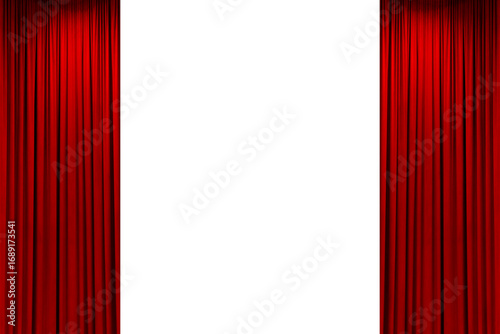 Open red velvet curtains, red smooth straight stage of a movie theater or stage, isolated on transparent background