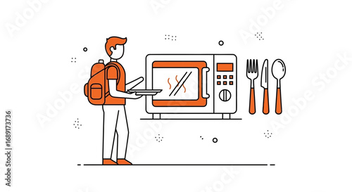 Modern illustration of student heating food in microwave with utensils ready for eating