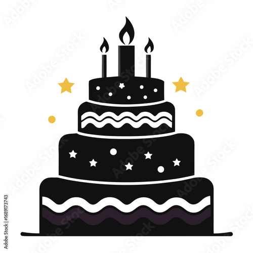 Black three tier cake with candles stars and yellow circles on white background birthday celebration