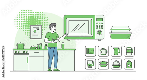 Modern kitchen design featuring a person appliances and various cookware icons in green color scheme