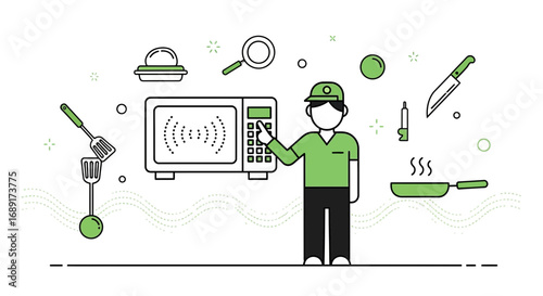 Modern kitchen illustration with cooking appliances and a man operating a microwave
