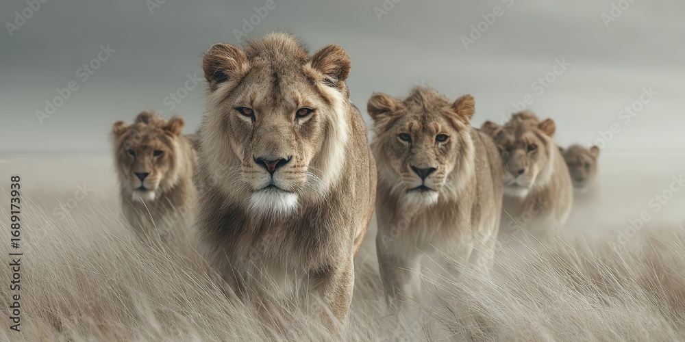Fototapeta premium Majestic lions walk through golden grasslands under a dramatic sky at dusk in the African savanna