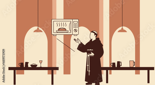 Modern Monastery Life Monk Utilizing Microwave in a Minimalist Setting with Arches
