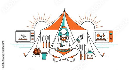 Modern nomadic lifestyle featuring microwave ovens and tent with person pointing