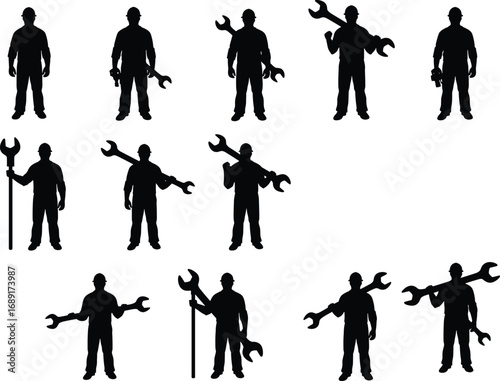 Construction worker silhouette, mechanic holding wrench, industrial labor, repairman tools, engineering worker, maintenance staff, factory technician, black silhouette illustration