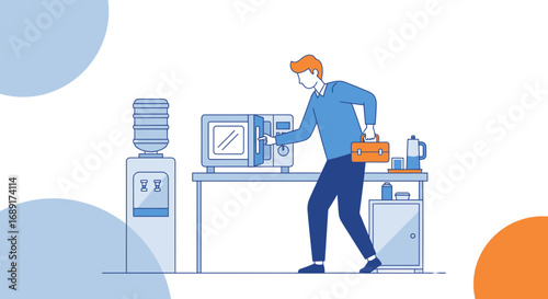 Office worker using microwave for lunch break, showcasing modern office scene with employee