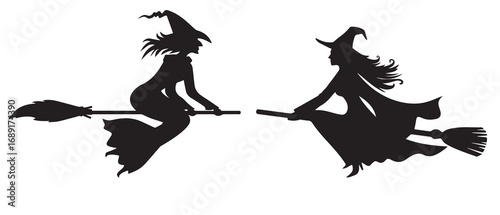 Witch on a broomstick. Vector black silhouette. Vector illustrations of silhouette Halloween witch