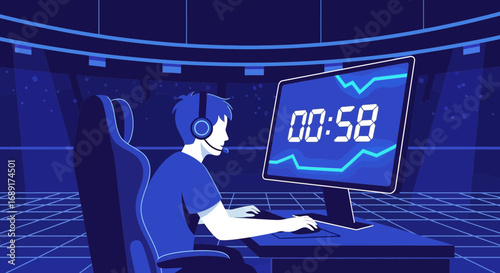 Professional gamer in esports arena participating in online tournament illustration