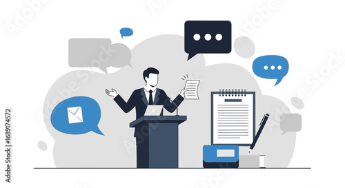 Public speaking and business presentation illustration with communication and ideas, perfect for