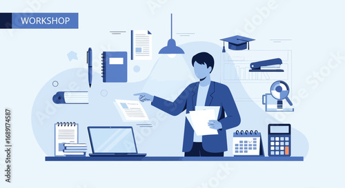 Professional workshop presentation vector illustration with business elements and people activity