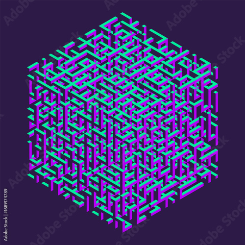 Voxel cube looks like geometric labyrinth with complex and sharp structure in axonometric projection. Futuristic and geometric puzzle design for digital projects, posters and covers. Voxel art. Vector