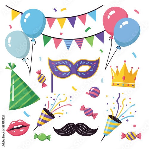 Colorful party decorations including balloons, streamers, masks, party hats, and confetti.