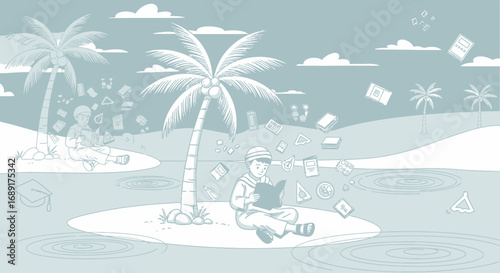 Serene island learning environment with a student immersed in study amid tropical scenery