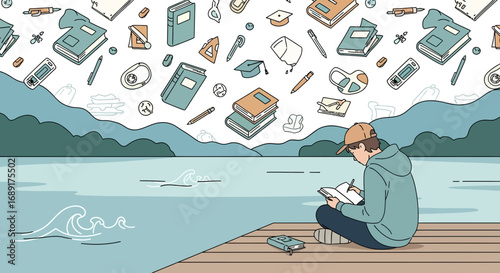 Student by the Lake: A Serene Illustration of Learning and Contemplation in Nature