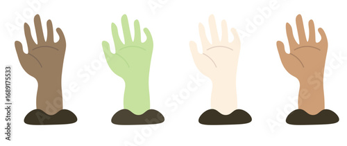 A set of zombie hands on a white background. An isolated collection of rotten blue hands with damage. Hands from the graves