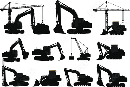 Excavator silhouettes, crawler digger, bulldozer tractor, construction crane, heavy equipment, black vector, industrial machinery, building tools, construction site icons