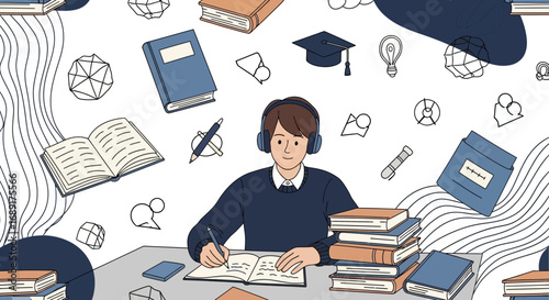 Student immersed in study session with books, headphones, and abstract education elements for